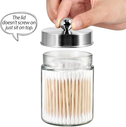 3PC Apothecary Jar Canisters Bathroom Vanity Organizer - Qtip Holder Storage Countertop & Stainless Steel Lids &Cute Stickers for Qtips,Cotton Swabs,Makeup Sponges,Floss (Brushed Nickel)