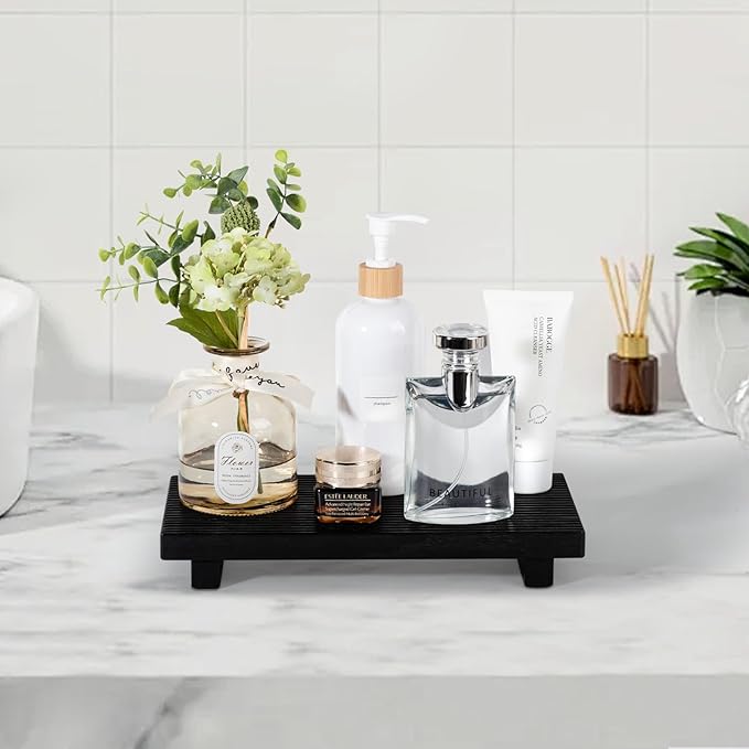 Bathroom Tray Farmhouse Decor Pedestal Stand Wood Riser Display Kitchen Accessories Soap Holder for Sink, Counter, Vanity, 11 * 5.5 Black