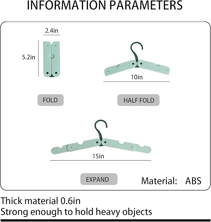 Foldable Travel Hangers, ABS Plastic, Expandable 10-15 Inch, Heavy Duty Clothes Hangers with Space Saving Design for Business Trips (Green 3PCS)