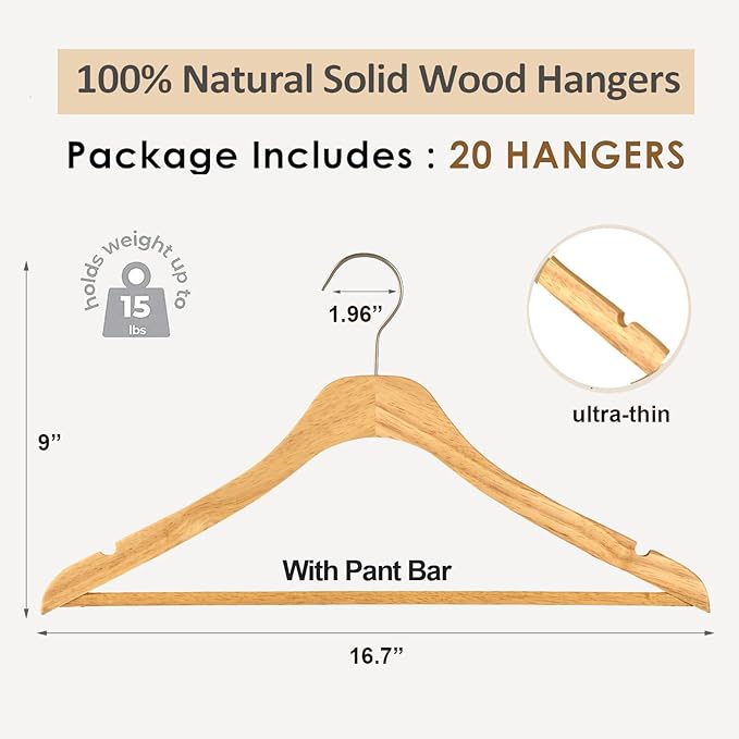 Wooden Natural Slim Solid Wood Coat Hangers,16.7inch Ultra Thin Space Saving Wooden Adult Hangers,Clothes 20 Pack Heavy Duty Suit with Pant Bar for Jacket Shirt Suit Pants