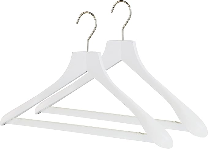 MAWA by Reston Lloyd, European Wooden Hanger, Beech Wood Body Form Hanger with Wide Supportive Shoulders, Rotating Chrome Hook, White Finish, for Shirts, Blazers, Pants, Dress Clothes Hanger, Set of 2