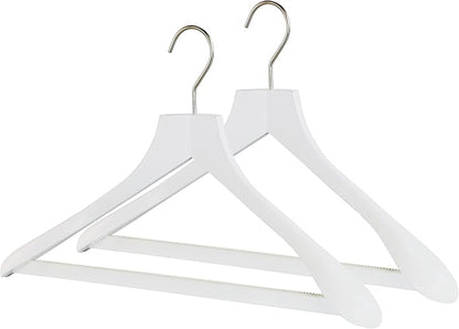 MAWA by Reston Lloyd, European Wooden Hanger, Beech Wood Body Form Hanger with Wide Supportive Shoulders, Rotating Chrome Hook, White Finish, for Shirts, Blazers, Pants, Dress Clothes Hanger, Set of 2
