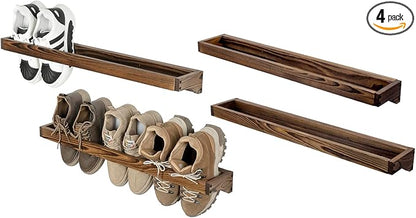 MyGift 30 Inch Rustic Burnt Solid Wood Hanging Shoe Rack, Set of 4 Wall Mounted Storage Organizer Footwear Holder for Closet, Mudroom, Entryway, Holds 12 Pairs