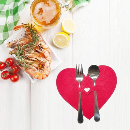 mdgfge 10Pcs Valentine's Day Tableware Utensil Holder Red Heart Shape Silverware Holders Pocket Set, Red Love Theme Felt Flatware Bags Covers for Engagement Xmas Dinner Table Party Decor Supplies
