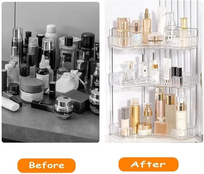 Corner Bathroom Counter Organizer, Vanity Trays for Bathroom, Skincare Makeup Organizer Shelf, Shelf Cosmetics, Toiletries, Lotions, Perfumes (3 Tiers, Clear)