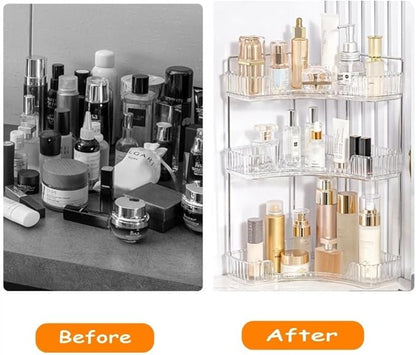 Corner Bathroom Counter Organizer, Vanity Trays for Bathroom, Skincare Makeup Organizer Shelf, Shelf Cosmetics, Toiletries, Lotions, Perfumes (3 Tiers, Clear)
