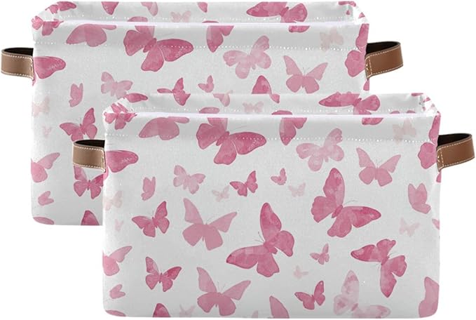 Watercolor Pink Butterfly Storage Basket Bin, Large Cube Storage Box Canvas Collapsible Storage Organizer for Home Office Closet, 2 Pack - 15 L x 11 W x 9.5 H
