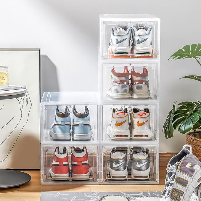6-Pack Clear Shoe Box Containers with Air Ventilation & Magnetic Door | Stackable, Durable, Transparent Storage for Sneakers, Heels, Boots, Bags & Fits up to Maximum Size of US12 (White)