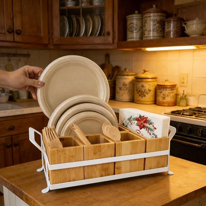 Bamboo Utensil Caddy with Handle - 5 Compartment Silverware Holder for Party & Kitchen Countertop - Removable Wooden Flatware Organizer for Picnic, BBQ, Buffet, RV & Outdoor Dining