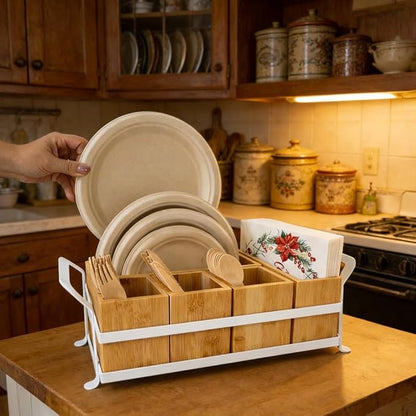 Bamboo Utensil Caddy with Handle - 5 Compartment Silverware Holder for Party & Kitchen Countertop - Removable Wooden Flatware Organizer for Picnic, BBQ, Buffet, RV & Outdoor Dining