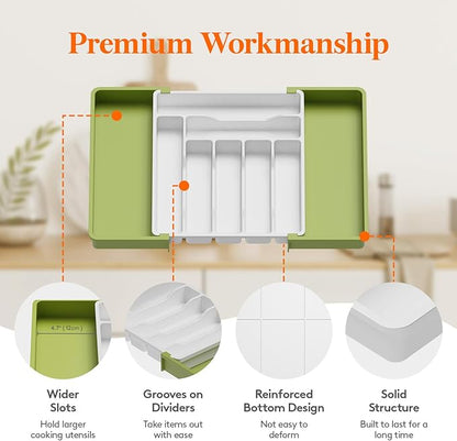 Lifewit Utensil Organizer for Kitchen Drawer, Expandable Cooking Silverware Tray, Adjustable Cutlery Flatware Holder, Plastic Spatula Tools Storage Divider, 13-22.4 x 15", Green&White