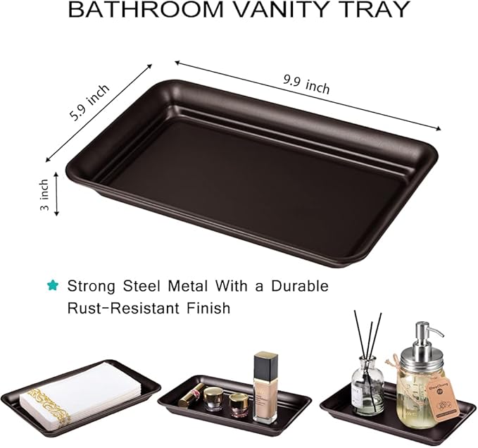 Vintage Farmhouse Decor Metal Vanity Tray (4 Pack), Countertop Guest Hand Towel Paper Storage Organizer Tray Dispenser, Sturdy Holder for Perfume,Cosmetics, Jewelry, Makeup Bathroom Organizer (Bronze)