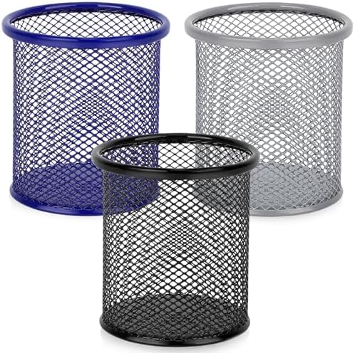 Segarty Pen Cup, 3 Pack Assorted Colors Round Pen Holder for Desk, Wire Mesh Pencil Cups Holder Desktop Accessories Organizer for Office Supplies, School, Home, Makeup Brush (Black Silver Dark Blue) by Segarty