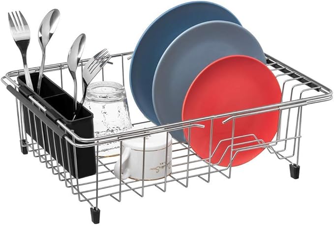SANNO Plastic Black Utensil Silverware Storage Holder Caddy,Fit Kitchen Sink Drying Rack, Microfiber Dish Mat, Dish Drying Mat
