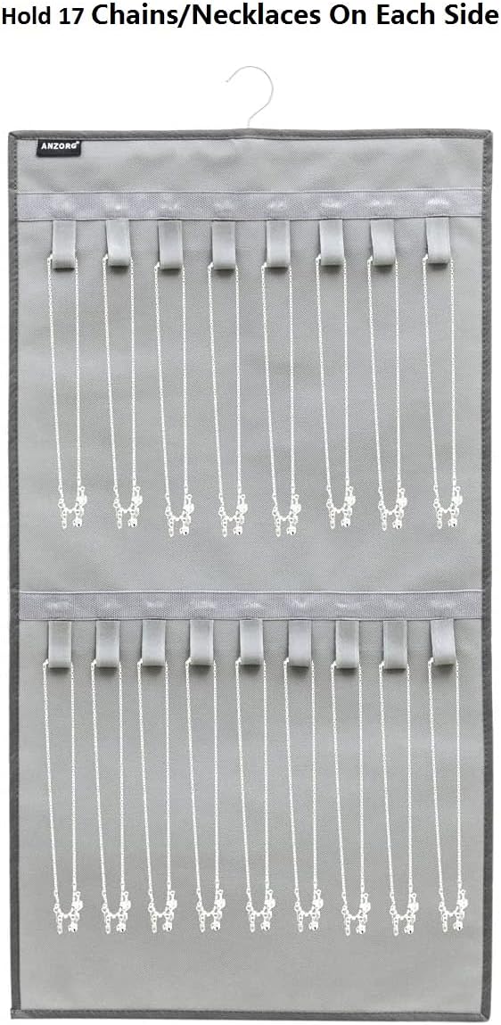 Dual-sided Hanging Jewelry Organizer with 34 Hook Loops Wall Mounted Necklace Holder Jewelry Display Storage Hanger for Bracelet Chain (GREY)