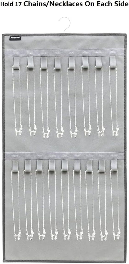 Dual-sided Hanging Jewelry Organizer with 34 Hook Loops Wall Mounted Necklace Holder Jewelry Display Storage Hanger for Bracelet Chain (GREY)