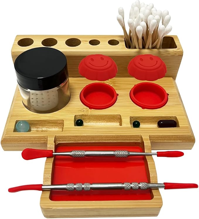 Bamboo Desk Organizer,Carving Tool Organizer with Non-sticky Mat and Silicone Container (16 x 15 x 4.5cm)