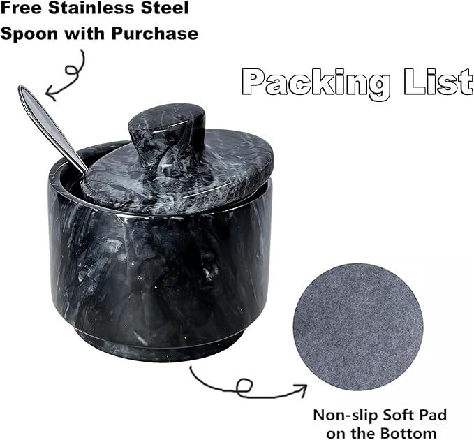 Marble Salt Cellar with Lid & Spoon, 3" Black Salt Container for Countertop, Spice Jar, Stone Storage Box for Kitchen and Bathroom