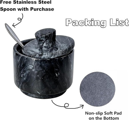 Marble Salt Cellar with Lid & Spoon, 3" Black Salt Container for Countertop, Spice Jar, Stone Storage Box for Kitchen and Bathroom