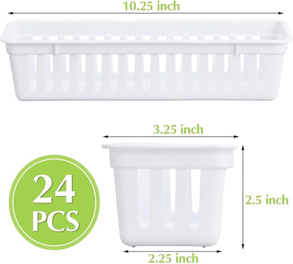 Domensi 24 Pack Slim Plastic Storage Baskets Tray for Organizing 10.25x3.25x2.5 Inch Small Narrow Storage Bins Stackable Drawer Pencil Trays Holder for Desk Garage Cabinet Container (White)