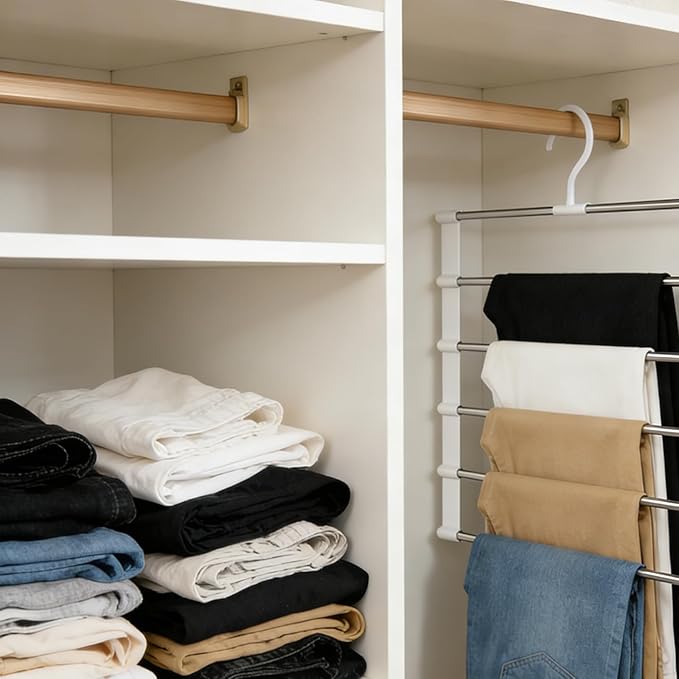 Magic Pants Hangers Space Saving, 2 Pack Pants Hangers Space Saving, 7 Tier Closet Organizers and Storage Clothes Hanger, Multiple Metal Hanger Clothes Organization for Pants Trousers Jeans Leggings