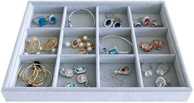 Grey Velvet Stackable Organizer Premium Grade Fabric Soft Protection for Jewelry Collection Removable Rearrangeable 12-Grid Drawer Divider Small Space Storage Ring Necklace Earring