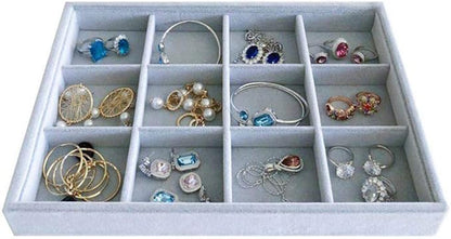 Grey Velvet Stackable Organizer Premium Grade Fabric Soft Protection for Jewelry Collection Removable Rearrangeable 12-Grid Drawer Divider Small Space Storage Ring Necklace Earring