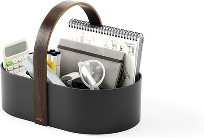 Umbra Bellwood Caddy, Organizer Bin for Makeup and Cosmetics, Durable Lightweight Container with Wooden Handle and Removable Dividers, Small Black/Walnut