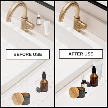 3PCS Water Absorbing Stone Tray, Premium Diatomite Soap Holder & Coaster Mats for Bathroom and Kitchen Sink, Fast Dry Sink Organizer for Countertop with Non-Slip Base, 8.3 x 4 & 4 x 4 Inches, White