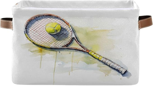 Large Storage Basket Tennis Ball Storage Bin Cube Canvas Fabric Organizer Handles Collapsible for Clothes Toys Bedroom Decorative