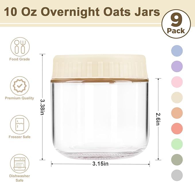 Overnight Oats Containers with Lids, 10oz Wide Mouth Mason Jars with Lids, 9 Pack Glass Jars with Airtight lid for Chia Pudding Yogurt Salad, Meal Prer Oatmeal Jars, Yellow