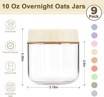 Overnight Oats Containers with Lids, 10oz Wide Mouth Mason Jars with Lids, 9 Pack Glass Jars with Airtight lid for Chia Pudding Yogurt Salad, Meal Prer Oatmeal Jars, Yellow