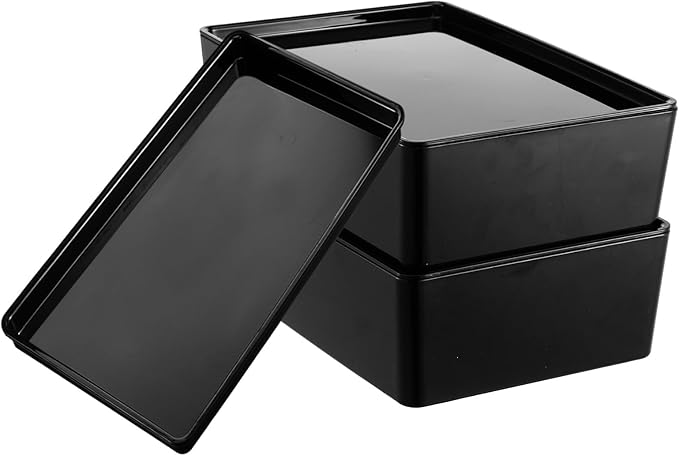 Kifmurase 2 Pack Storage Bins with Lids, 10 x 6.9 Inch Multipurpose Stackable Plastic Containers for Home and Office Organization, Small Storage Bins, Black