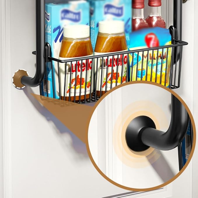 4 Layers Pantry over the Door Organizer with 2 suction cups, Metal over the Door Spice Rack with Adjustable Baskets, Behind Door Organizer Hanging- for Kitchen Laundry Bathroom (Black)