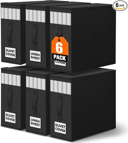 WOWBOX Sheet Organizers and Storage,Closet Bed Sheet Organizer Under Bed Storage and Organization with Label Cards & Clear Window for Bedding Sheets,Duvet Covers,Blankets (6 Pack，Black)