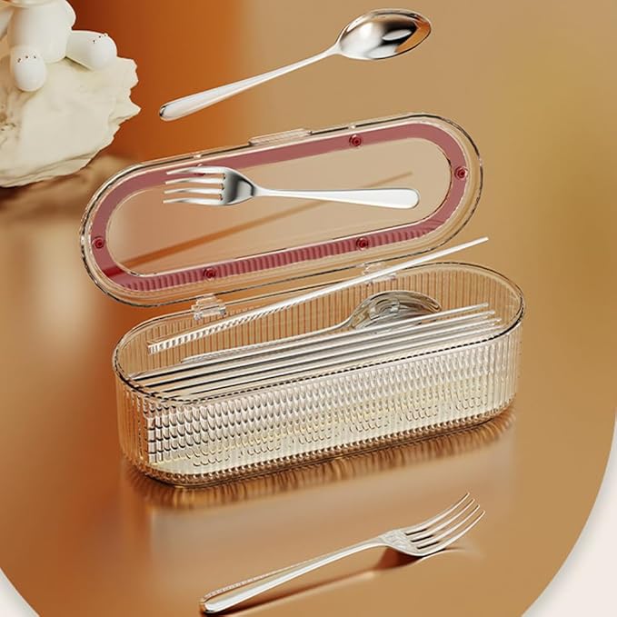 Silverware Organizer with Lid and Drainer, Covered Utensil Tray for Kitchen Drawer and Countertop, Red Clear Plastic Cutlery and Flatware Storage Box for Spoons Forks Knives Holder Case