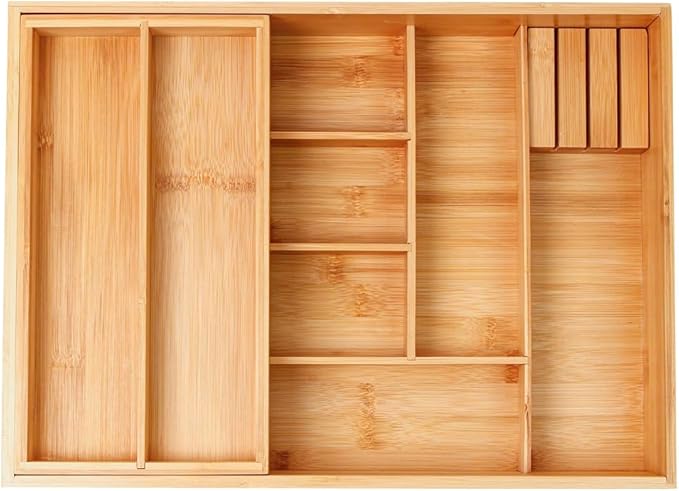 COIWAI Double Layer Bamboo Drawer Organizer Cutlery Utensil Silverware Drawer Organizer, cutlery Silverware Tray for Drawer, Utensil Holder Drawer Dividers for Flatware (L: 16.85 × 12.2 in)