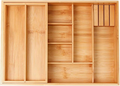 COIWAI Double Layer Bamboo Drawer Organizer Cutlery Utensil Silverware Drawer Organizer, cutlery Silverware Tray for Drawer, Utensil Holder Drawer Dividers for Flatware (L: 16.85 × 12.2 in)