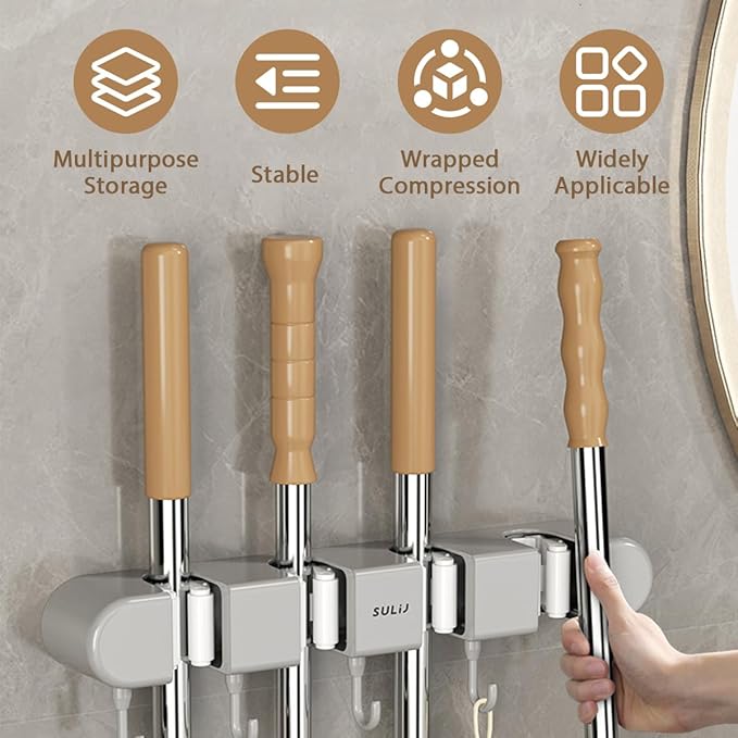 2Pcs Broom Holder Wall Mount, No-Drilling Self-Adhesive Mop and Broom Storage Rack with Hooks (4 Racks with 5 Hooks), Wall-Mounted Broom Hanger for Bathroom, Kitchen, Closet, Garage (Grey)