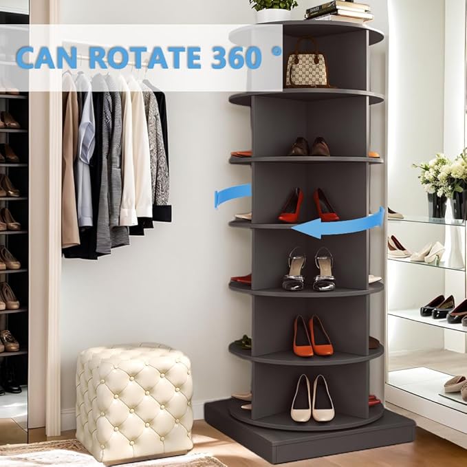 Rotating Shoe Rack Tower, 360-Degree Circular Storage Organizer for Shoes and Handbags, Vertical Space-Saving Cabinet for Entrance Hall, Independent Rotating Shoe Shelf（A-Gray）