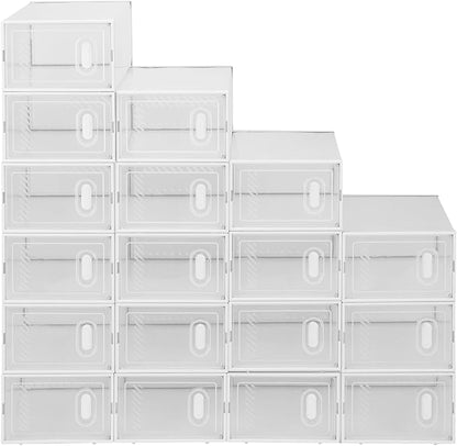 18 Pack Large Shoe Storage Boxes Organizers Clear Plastic Stackable, Modular Space Saving Shoe Boxes Sneaker Storage for Sneakerheads,Toy Storage Organizer Bins for Entryway, Closet, Under Bed, White