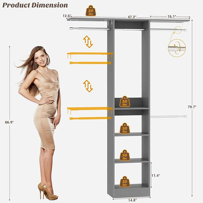 Besiost 48" Closet Organizer System, 4FT Closet System for Small Closets with 4 Hanging Rods & 3 Shelves, 80"H Small Closet Organizers and Storage for Bedrooms, Cloakrooms, Gray