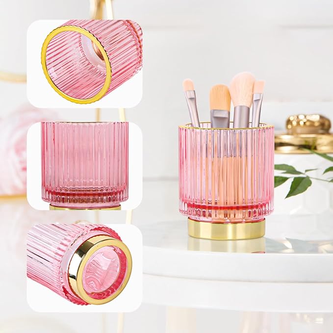 Vintage Makeup Brush Holder Organizer,Dresser Glass Brushes Holder,Vanity Cosmetic Brush Holder,Desktop Crystal Eyeliners Eyebrow Pencil Storage Cup Holder for Countertop (Small Pink)
