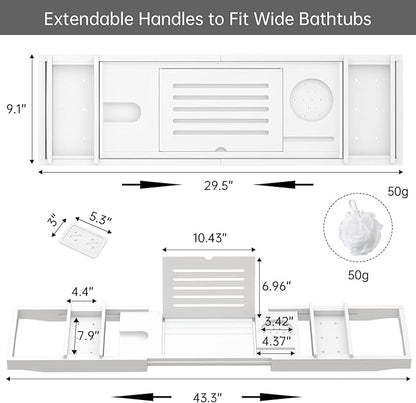 Zhuoyue Bamboo Bathtub Tray, Expandable Premium Bath Tray for Luxury Bathroom, Adjustable Bath Accessories for Tub with Soap Towel Book Holder, Extendable 29.5-43.3" White