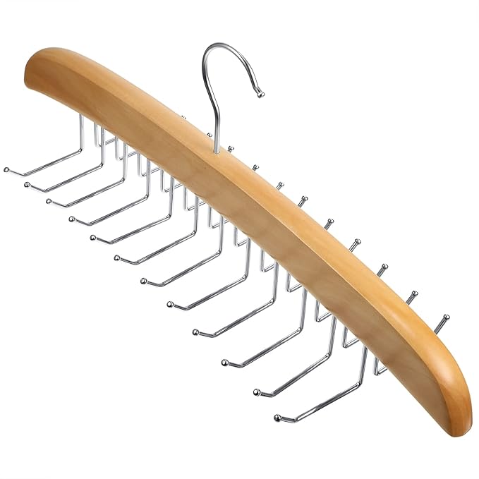 Jetec 2 Pieces Tie Rack Tie Hanger 24 Hooks Wooden Tie Rack Hanger for Closet 360 Degree Rotating Belt Holder Tie Organizer for Men Women Bras Tank Tops Camisoles(Natural Wood Color)