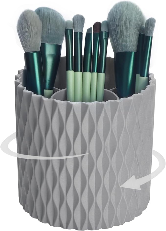Makeup Brush Holder Organizer-360° Rotating Makeup Brush Storage,Pencil Pen Holder Cup,Desk Accessories,5 Slot Make up Brushes Cup, for Vanity Desktop Bathroom Countertop (Grey)