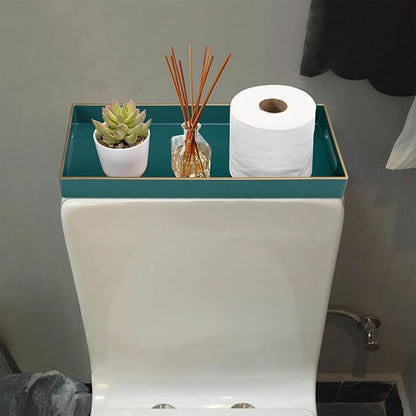 MAONAME Green Vanity Tray Set of 2, Plastic Decorative Tray with Handles, Long Narrow Trays, Small Bathroom Trays for Toilet Tank, 13.8" X 6" X 1.57"