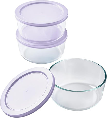 6-Piece Glass Food Storage Containers Set (3 Containers + 3 BPA-Free Lids) | 4-Cup, Leakproof | Microwave, Freezer, Oven & Dishwasher Safe | Ideal for Meal Prep & Pantry Organization, Purple