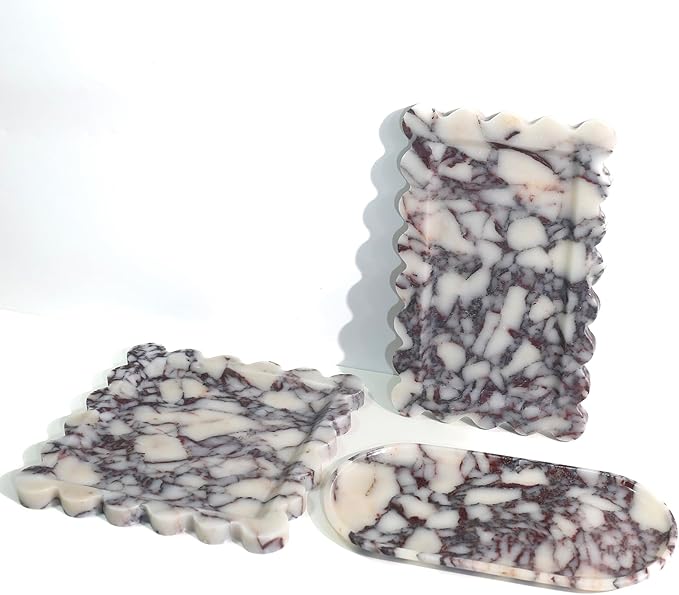 Natural 100% Marble Vanity Tray Luxury Scalloped Marble Storage Square Rectangle Tray for Home Decor Stone Tray for Bathroom Kitchen Candle Key (Rectangle-11.8 * 7.4-Calacatta Viola)