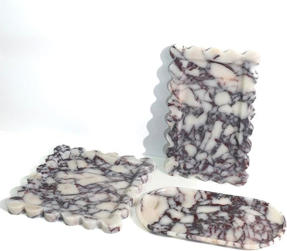Natural 100% Marble Vanity Tray Luxury Scalloped Marble Storage Square Rectangle Tray for Home Decor Stone Tray for Bathroom Kitchen Candle Key (Rectangle-11.8 * 7.4-Calacatta Viola)